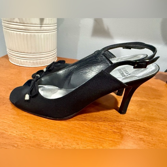 Stuart Weitzman Black Peep Toe Slingback Heels Bow Rhinestone Detail Size 9M - Picture 13 of 13